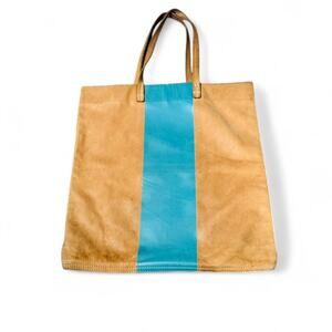 CLARE VIVIER (Early Clare V) Leather Tote Bag Tan Blue Stripe Rare Vintage
